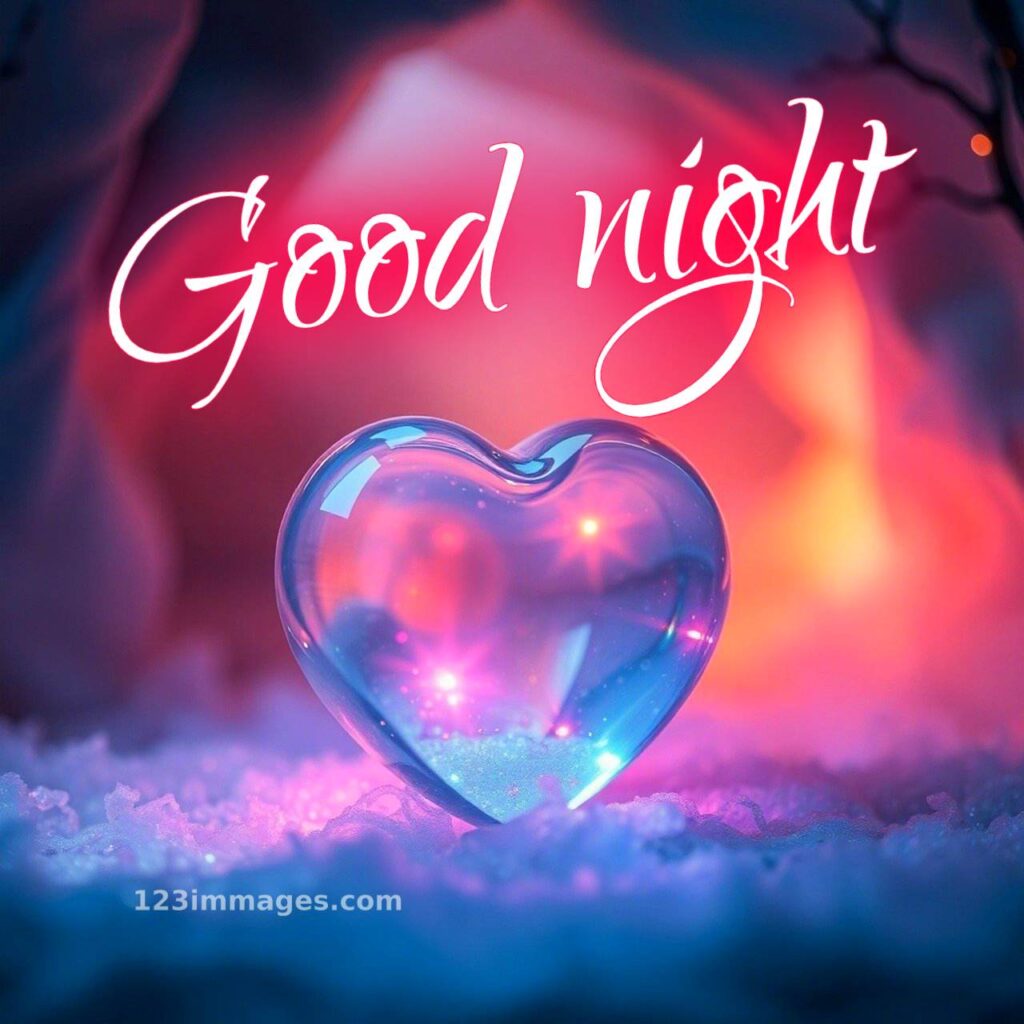 Good Night Images 2025 24 Good night message with glowing heart-shaped crystal on soft dreamy background